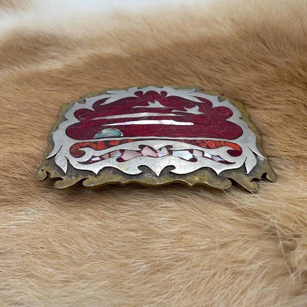 VTG Southwestern Ocean Sunset Abalone Coral Chip Inlay Resin Belt Buckle Mosaic